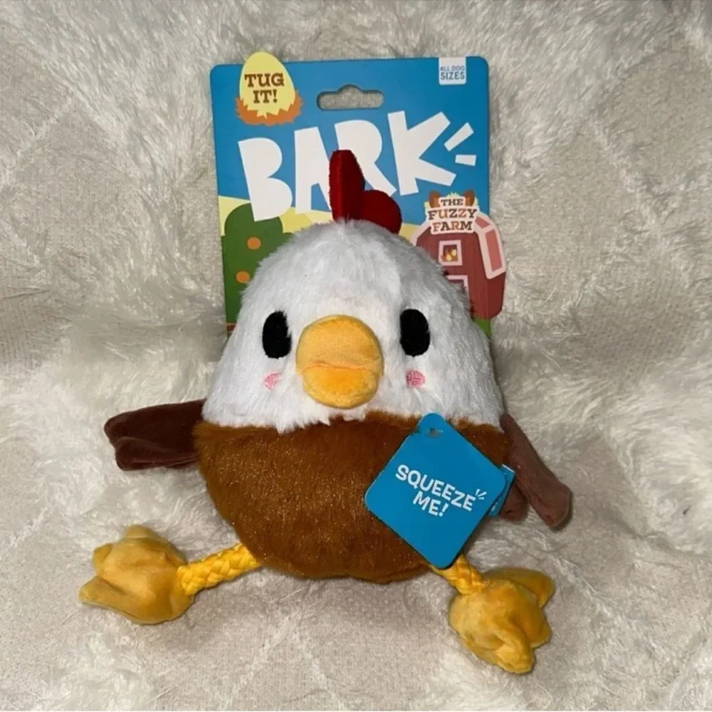BARK 4.25” Classic Fuzzy Squeaky White Brown Gold Farm Rooster Plush Dog Toy